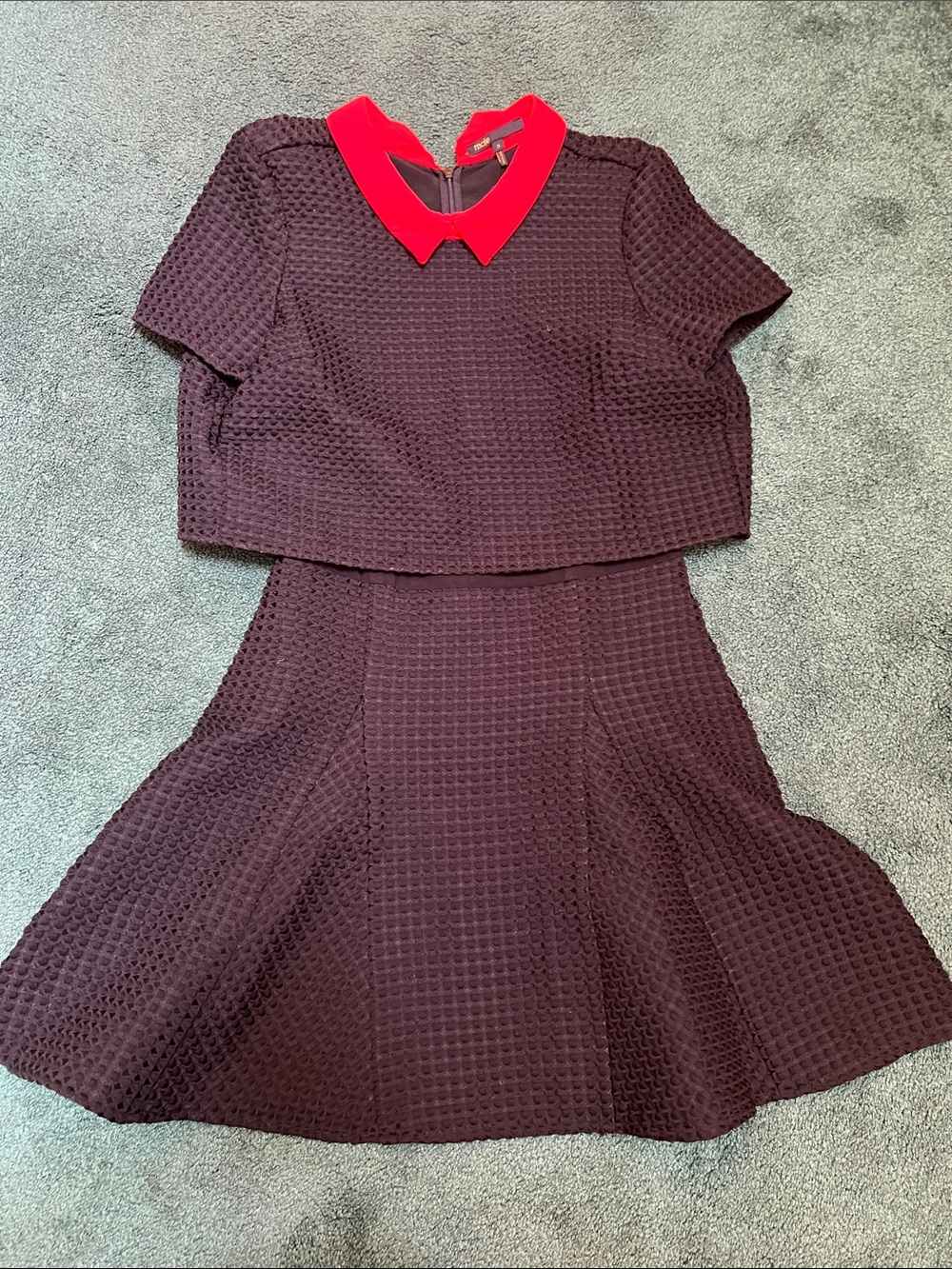 Maje Dark Plum Textured Two-Piece Dress with Red Collar